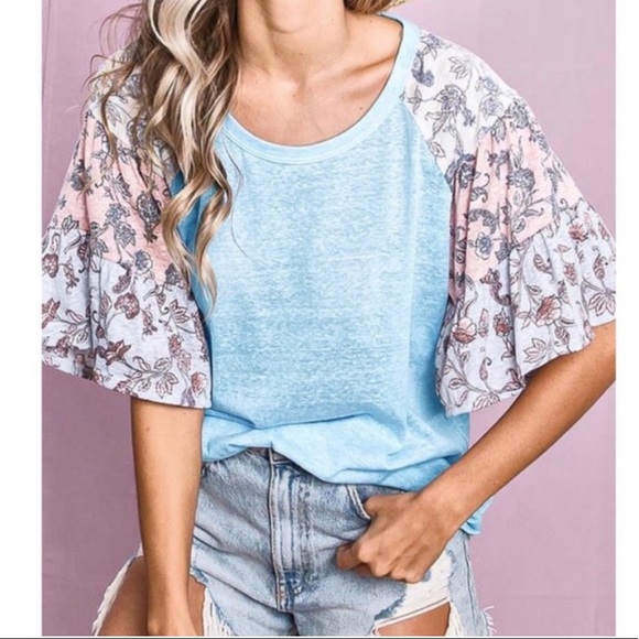 BABY BLUE BOHO RUFFLE SLEEVE KNIT TOP - Picture 2 of 3